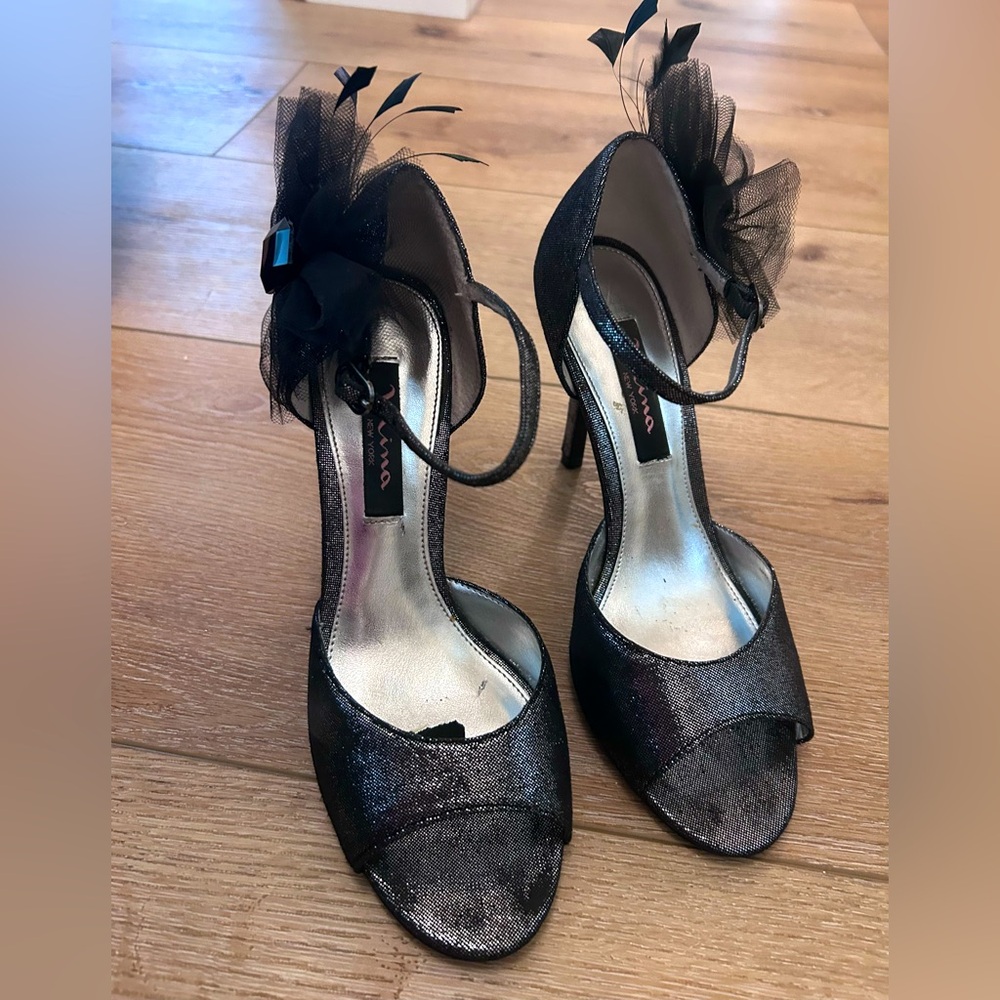 MIA Black Sparkle Open-Toe Ankle-Strap Heels with Tulle Flower